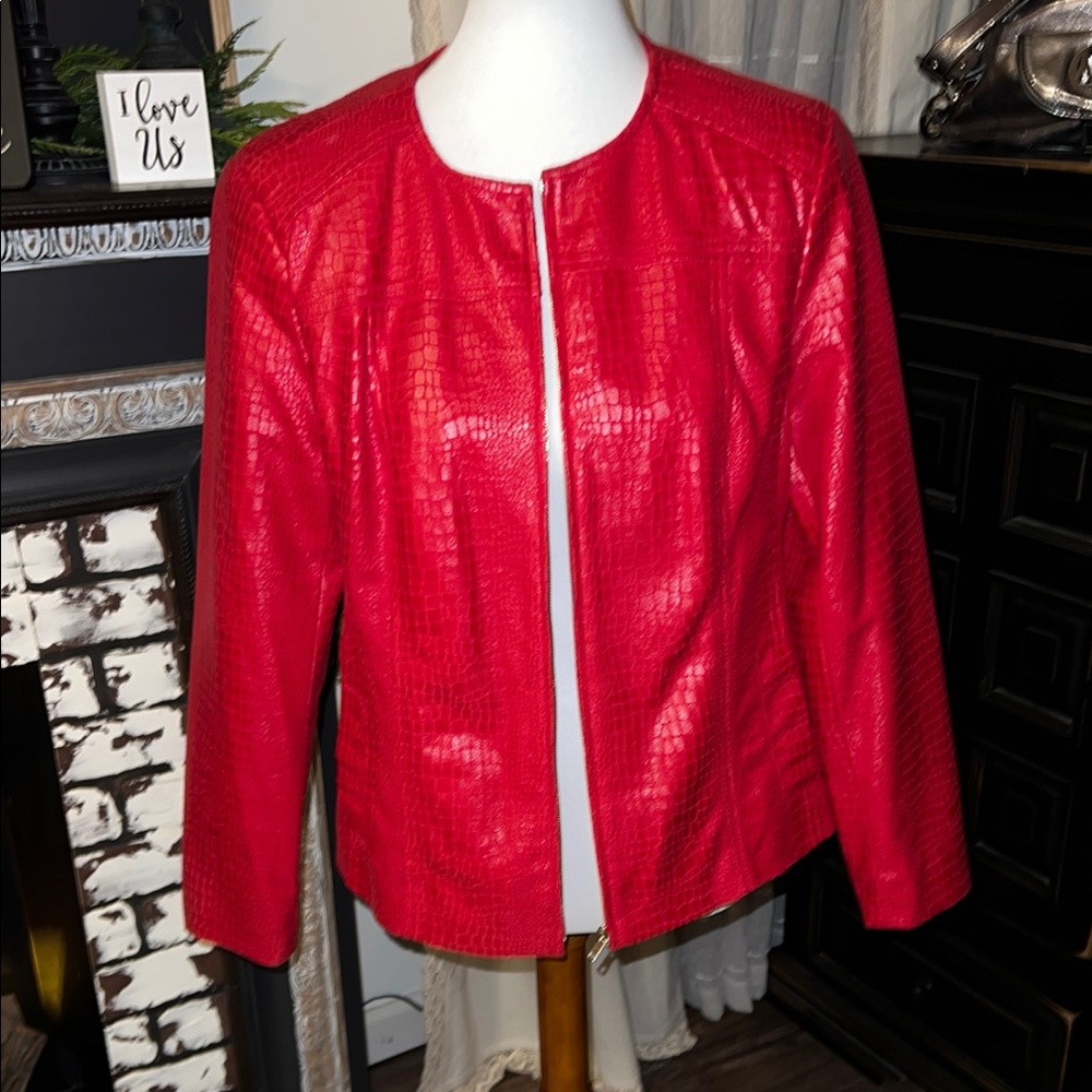 Red Leather Jacket with Textured Finish and Zipper Closure